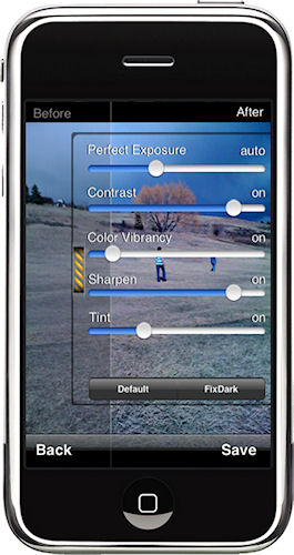 Perfectly Clear showing control sliders in portrait mode on the iPhone. Photo provided by Athentech Imaging Inc. Click for a bigger picture!