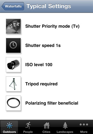 Browsing typical settings for waterfall photography in Photocaddy. Screenshot provided by Aspyre Solutions Pty Ltd.
