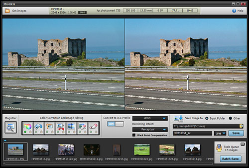 Batch processing images in PhotoEQ. Screenshot provided by SoftColor Oy. Click for a bigger picture!