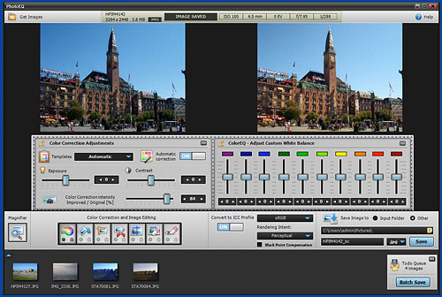 PhotoEQ's color correction adjustments dialog. Screenshot provided by SoftColor Oy. Click for a bigger picture!
