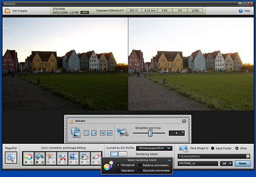 Straightening an image and converting the color space in PhotoEQ. Screenshot provided by SoftColor Oy. Click for a bigger picture!