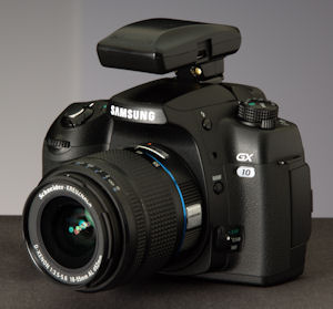 Jobo's PhotoGPS device mounted on a Samsung GX10 digital SLR. Courtesy of Geotate, with modifications by Michael R. Tomkins. Click for a bigger picture!