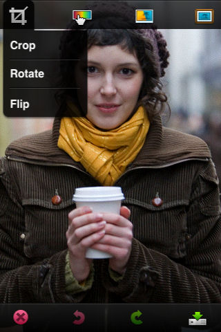 Photoshop.com Mobile for iPhone: Edit screen. Screenshot provided by Adobe Systems Inc.