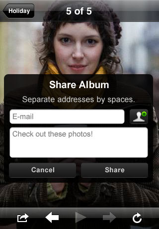 Photoshop.com Mobile for iPhone: Share Album screen. Screenshot provided by Adobe Systems Inc.