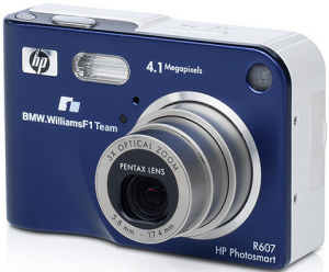 HP's Photosmart R607 digital camera, BMW Williams F1 Team Special Edition. Courtesy of HP, with modifications by Michael R. Tomkins. Click for a bigger picture!
