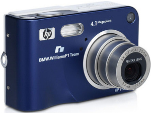 HP's Photosmart R607 digital camera, BMW Williams F1 Team Special Edition. Courtesy of HP, with modifications by Michael R. Tomkins. Click for a bigger picture!