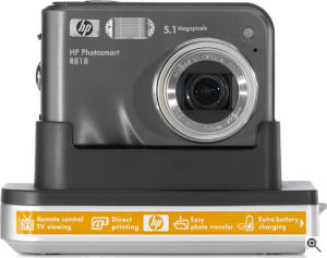Hewlett Packard's Photosmart R818 digital camera. Courtesy of Hewlett Packard, with modifications by Michael R. Tomkins. Click for a bigger picture!