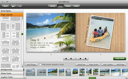 Picaboo X: Selecting a page layout. Screenshot provided by Picaboo Corp. Click for a bigger picture!