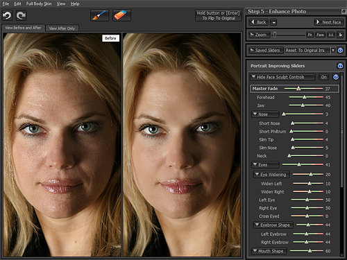 Some of the face sculpting controls in Portrait Pro v10. In the images at left, the only change made was to apply the Young Woman Natural preset. Screenshot by Imaging Resource, demonstration image courtesy Kelley Martin Clough, provided by Anthropics Technology Ltd. Click for a bigger picture!