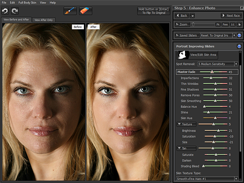 Portrait Pro v10's skin controls sliders. In the images at left, the Young Woman Glamorous preset has been applied with face sculpting disabled. Screenshot by Imaging Resource, demonstration image courtesy Kelley Martin Clough, provided by Anthropics Technology Ltd. Click for a bigger picture!