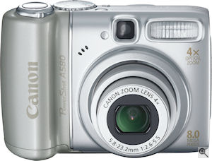 Canon's PowerShot A580 digital camera. Courtesy of Canon, with modifications by Michael R. Tomkins. Click for a bigger picture!