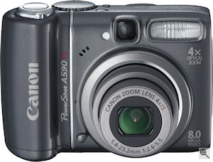 Canon's PowerShot A590 IS digital camera. Courtesy of Canon, with modifications by Michael R. Tomkins. Click for a bigger picture!