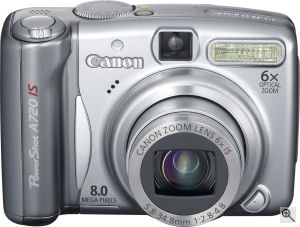 Canon's PowerShot A720 IS digital camera. Courtesy of Canon, with modifications by Michael R. Tomkins. Click for a bigger picture!