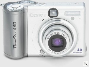 Canon's PowerShot A80 digital camera. Courtesy of Canon, with modifications by Michael R. Tomkins. Click for a bigger picture!
