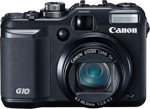 Canon's PowerShot G10 digital camera. Courtesy of Canon, with modifications by Michael R. Tomkins. Click for a bigger picture!