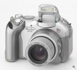 Canon's PowerShot S1 IS digital camera. Courtesy of Canon, with modifications by Michael R. Tomkins. Click for a bigger picture!