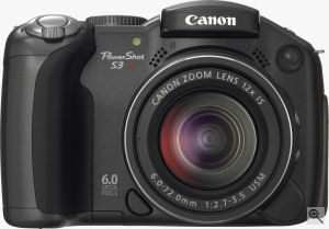 Canon's PowerShot S3 IS digital camera. Courtesy of Canon, with modifications by Michael R. Tomkins. Click for a bigger picture!