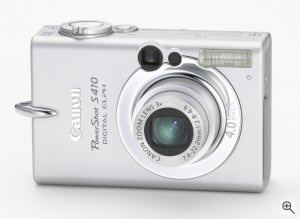Canon's PowerShot S410 digital camera. Courtesy of Canon, with modifications by Michael R. Tomkins. Click for a bigger picture!