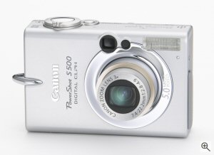 Canon's PowerShot S500 digital camera. Courtesy of Canon, with modifications by Michael R. Tomkins. Click for a bigger picture!