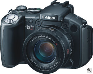 Canon's PowerShot S5 IS digital camera. Courtesy of Canon, with modifications by Michael R. Tomkins. Click for a bigger picture!