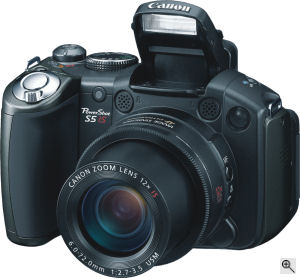Canon's PowerShot S5 IS digital camera. Courtesy of Canon, with modifications by Michael R. Tomkins. Click for a bigger picture!