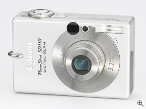 Canon's PowerShot SD110 digital camera. Courtesy of Canon, with modifications by Michael R. Tomkins. Click for a bigger picture!