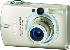 Canon's PowerShot SD550 digital camera. Courtesy of Canon, with modifications by Michael R. Tomkins. Click for a bigger picture!