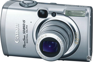 Canon's PowerShot SD850 IS digital camera. Courtesy of Canon, with modifications by Michael R. Tomkins. Click for a bigger picture!
