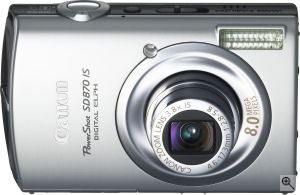 Canon's PowerShot SD870 IS digital camera. Courtesy of Canon, with modifications by Michael R. Tomkins. Click for a bigger picture!