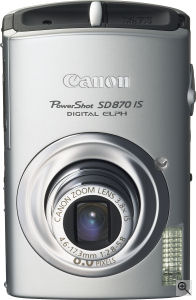 Canon's PowerShot SD870 IS digital camera. Courtesy of Canon, with modifications by Michael R. Tomkins. Click for a bigger picture!