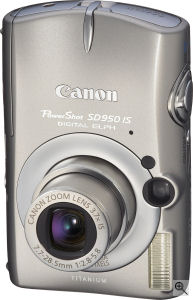 Canon's PowerShot SD950 IS digital camera. Courtesy of Canon, with modifications by Michael R. Tomkins. Click for a bigger picture!