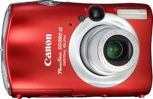 Canon's PowerShot SD990 IS digital camera. Courtesy of Canon, with modifications by Michael R. Tomkins. Click for a bigger picture!