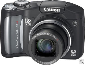 Canon's PowerShot SX100 IS digital camera. Courtesy of Canon, with modifications by Michael R. Tomkins. Click for a bigger picture!