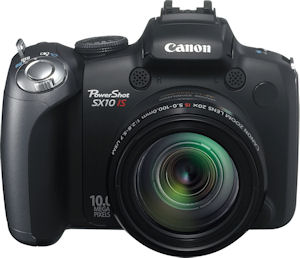 Canon's PowerShot SX10 IS digital camera. Courtesy of Canon, with modifications by Michael R. Tomkins. Click for a bigger picture!