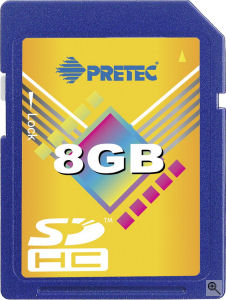 Pretec's 8GB SDHC card. Courtesy of Pretec, with modifications by Michael R. Tomkins. Click for a bigger picture!