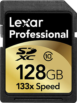 Lexar's Professional-series 128GB Class 10 (133x speed) SDXC card. Rendering provided by Lexar Media Inc. Click for a bigger picture!