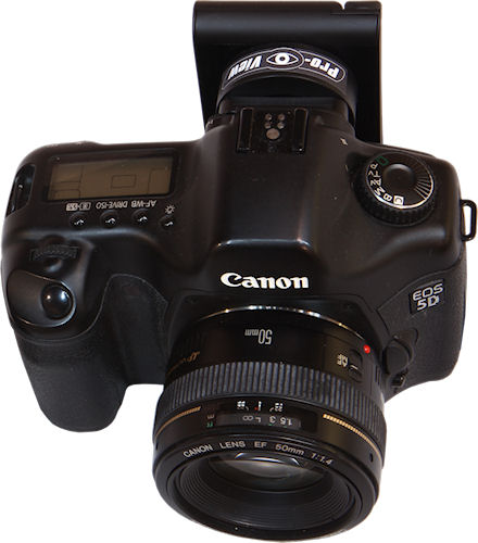 Canon EOS 5D digital SLR with Pro-View eyepiece video transmitter attached. Photo provided by Pro-View. Click for a bigger picture!
