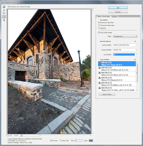 Lens Correction dialog in Photoshop CS5. Screenshot provided by Adobe Systems Inc. Click for a bigger picture!