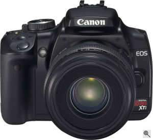 Canon's EOS Digital Rebel XTi digital SLR. Courtesy of Canon, with modifications by Michael R. Tomkins. Click for a bigger picture!