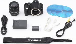 Canon's EOS Digital Rebel XT kit with lens. Courtesy of Canon, with modifications by Michael R. Tomkins. Click for a bigger picture!