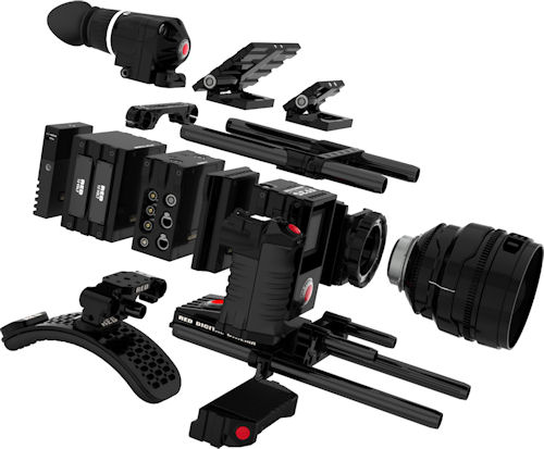 RED Scarlet FF35 6K exploded view, showing many of the accessory attachments and modules, including: RED DSMC Shoulder Mount, REDhandle, RED Bottom Grip, RED PL Lens Mount, RED Expansion Adaptor, RED I/O Expansion Module, RED Battery Expansion Module, REDmote Control, RED BombEVF, RED 3" LCD, RED 4.8" LCD, RED Top Mount and RED Rails. Photo and caption provided by RED Digital Cinema Camera Co. Click for a bigger picture!