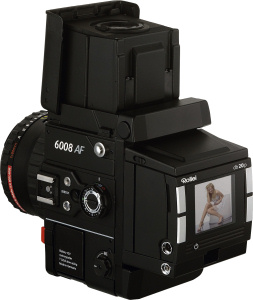 Rollei's 6008 AF medium format camera with PhaseOne db20p digital back. Courtesy of Rollei, with modifications by Michael R. Tomkins. Click for a bigger picture!