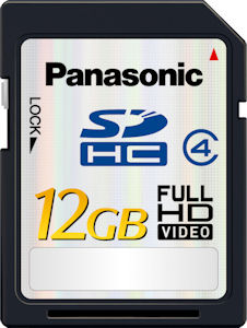 Panasonic's RP-SDM12G 12GB SDHC card. Courtesy of Panasonic, with modifications by Michael R. Tomkins. Click for a bigger picture!