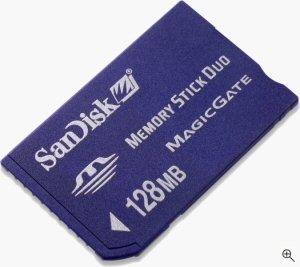 SanDisk's 128MB MagicGate Memory Stick Duo card. Courtesy of SanDisk, with modifications by Michael R. Tomkins. Click for a bigger picture!