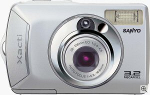 Sanyo's DSC-S1 digital camera. Courtesy of Sanyo, with modifications by Michael R. Tomkins. Click for a bigger picture!