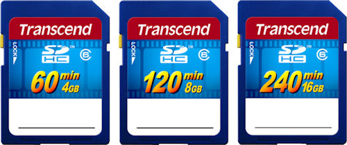 Transcend's SDHC HD Video cards in 4GB, 8GB and 16GB capacities.. Rendering provided by Transcend Information Inc. Click for a bigger picture!