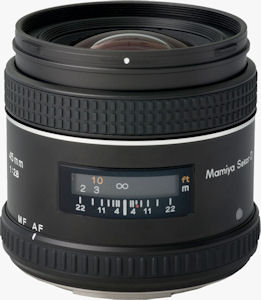 Mamiya's Sekor AF 45mm f/2.8D lens. Courtesy of Mamiya, with modifications by Michael R. Tomkins. Click for a bigger picture!