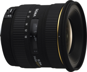 Sigma's 10-20mm F4-5.6 EX DC HSM zoom lens. Courtesy of Sigma, with modifications by Michael R. Tomkins. Click for a bigger picture!