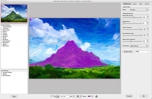 Snap Art 3's user interface, showing a masked-out (pink) area on the mountain where extra detail will be retained. Screenshot provided by Alien Skin Software LLC. Click for a bigger picture!