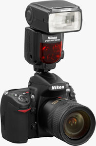 Nikon's Speedlight SB-900 flash strobe. Courtesy of Nikon, with modifications by Michael R. Tomkins. Click for a bigger picture!